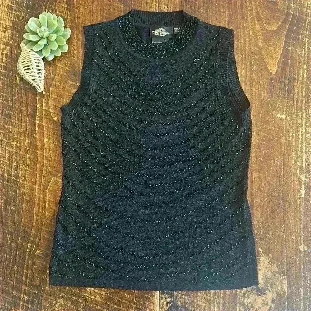 Ziani Couture | Shimmery Beaded Black High Neck Tank Top